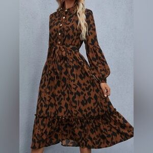 SHEIN Allover Print Belted Midi Dress - Size Medium